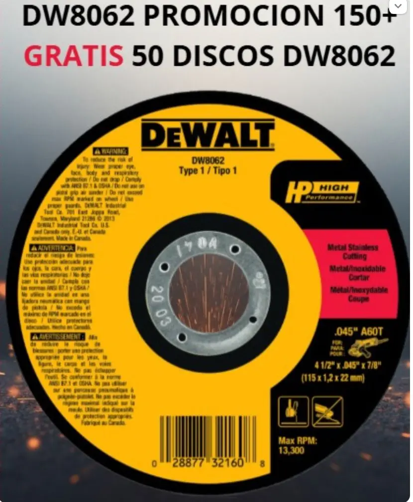 Promo 150+50 Disco Corte Metal/Inox 4-1/2 PDW8062 Dewalt