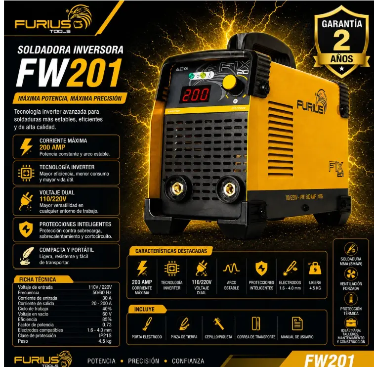 Inversor 200A MMA/TIG 110/220V FW201 FURIUS 