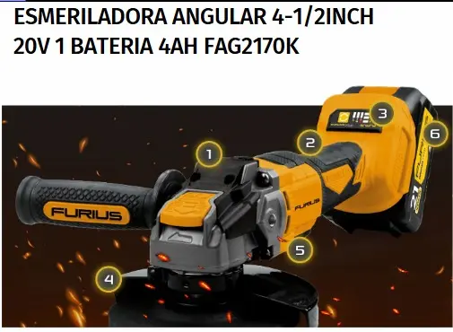 [FAG2170K] Esmeriladora Inalamb.Brushless 4-1/2 20V. 1 Bateria 4Ah FURIUS 